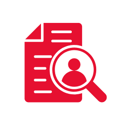 Red icon of a magnifying glass over a document.